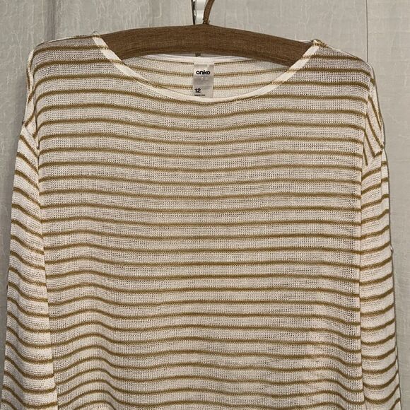 anko 10 Ivory Tan Lightweight Knit Striped Long Sleeve Cropped Sweater - Picture 3 of 10